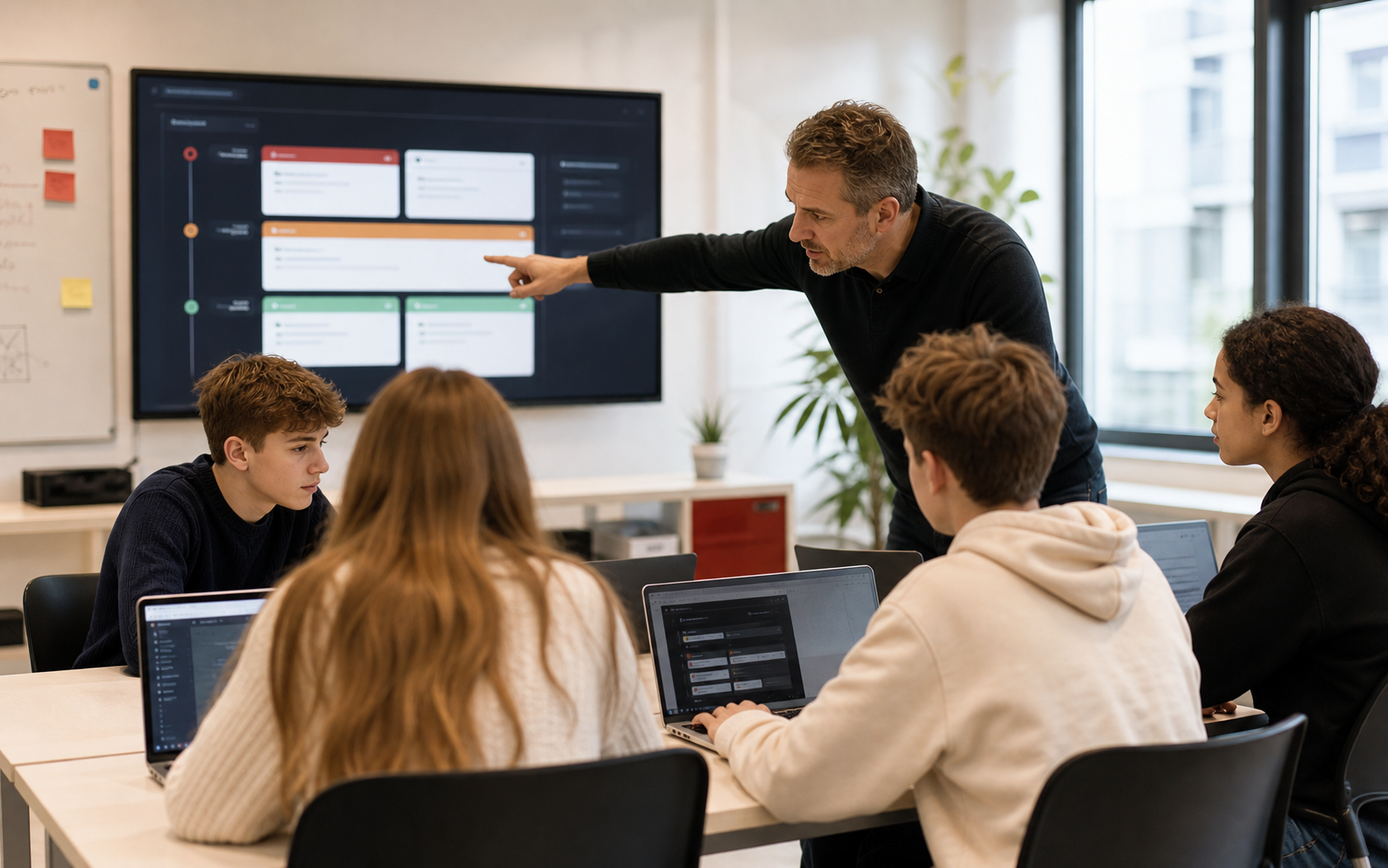 Facilitator begeleidt een cybercrisisoefening met deelnemers aan laptops