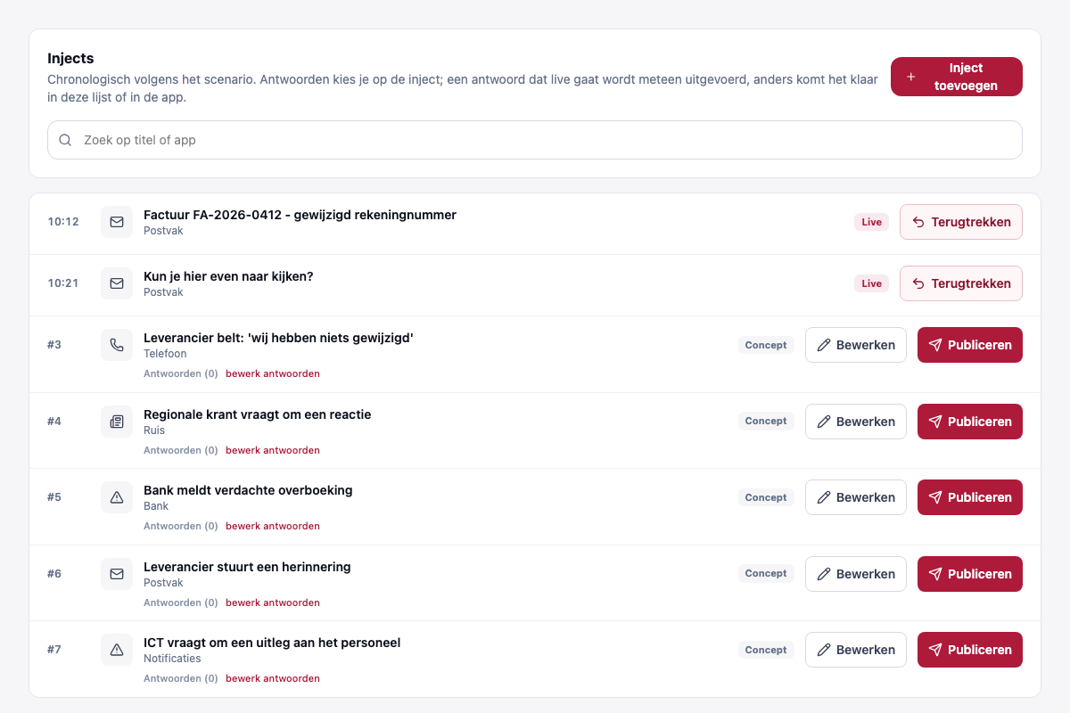 Het regiescherm van de facilitator: een tijdlijn met injects, twee al live en vijf die klaarstaan om te publiceren.